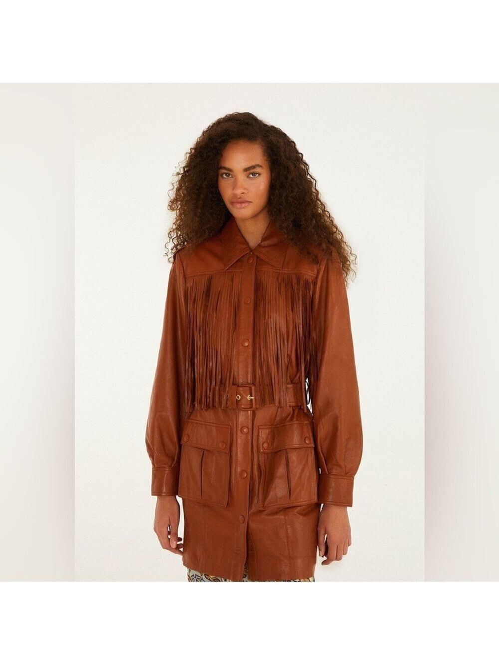 Farm Rio Brown Fringes Leather Coat
